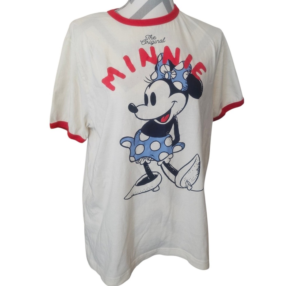 Disney Parks The Original Minnie Mouse Ringer Graphic T-Shirt Cream Red Large